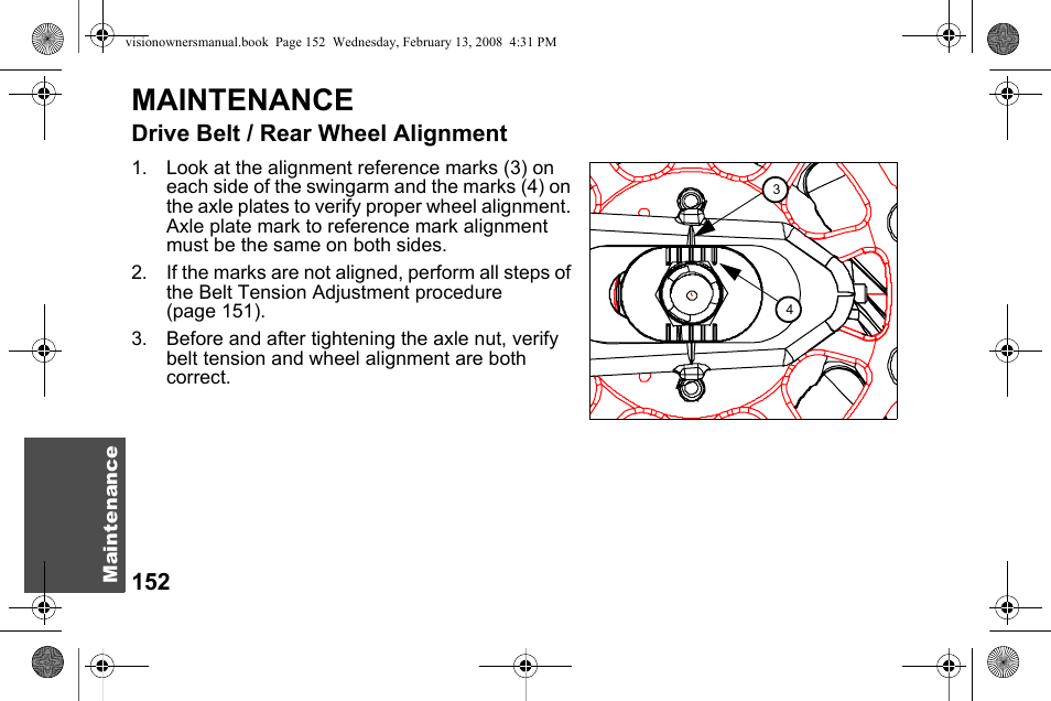 Maintenance, Drive belt / rear wheel alignment | Polaris 2009 Victory Victory Vision User Manual | Page 155 / 323