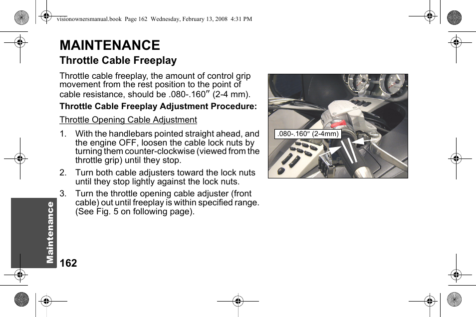 Maintenance, Throttle cable freeplay | Polaris 2009 Victory Victory Vision User Manual | Page 165 / 323