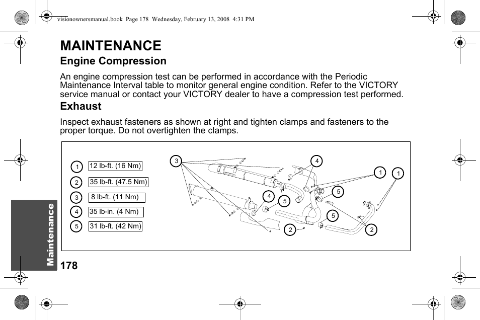 Maintenance, Engine compression, Exhaust | Polaris 2009 Victory Victory Vision User Manual | Page 181 / 323