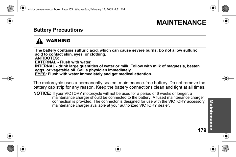 Maintenance, Battery precautions | Polaris 2009 Victory Victory Vision User Manual | Page 182 / 323