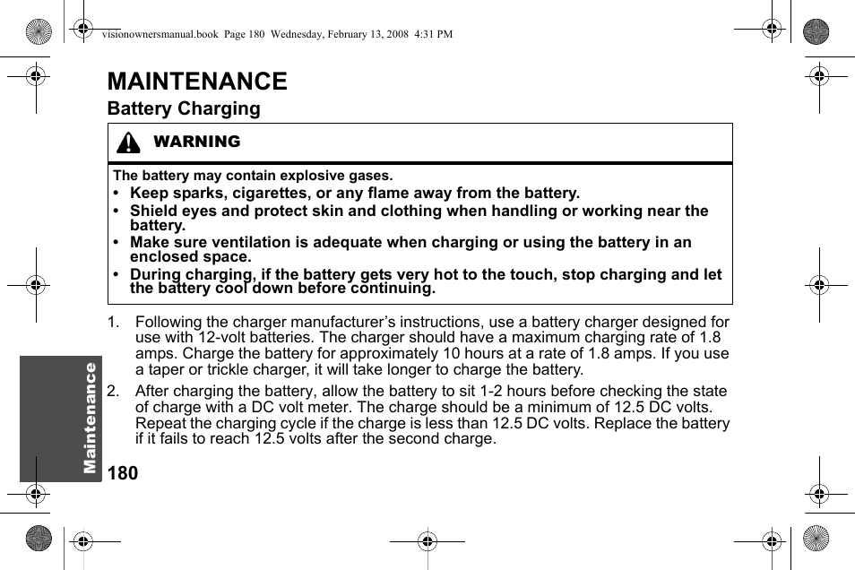 Maintenance, Battery charging | Polaris 2009 Victory Victory Vision User Manual | Page 183 / 323