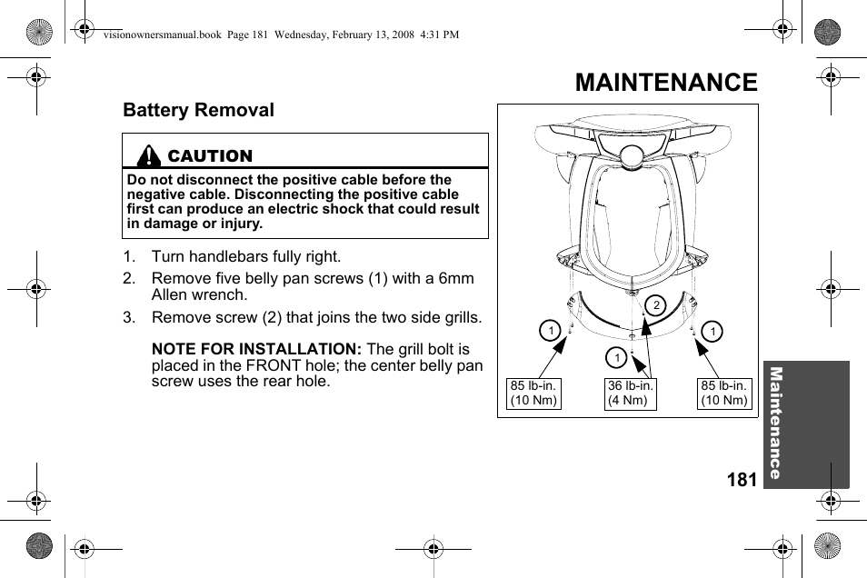 Maintenance, Battery removal | Polaris 2009 Victory Victory Vision User Manual | Page 184 / 323