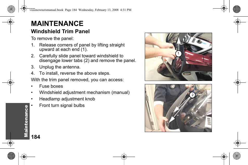 Maintenance, Windshield trim panel | Polaris 2009 Victory Victory Vision User Manual | Page 187 / 323