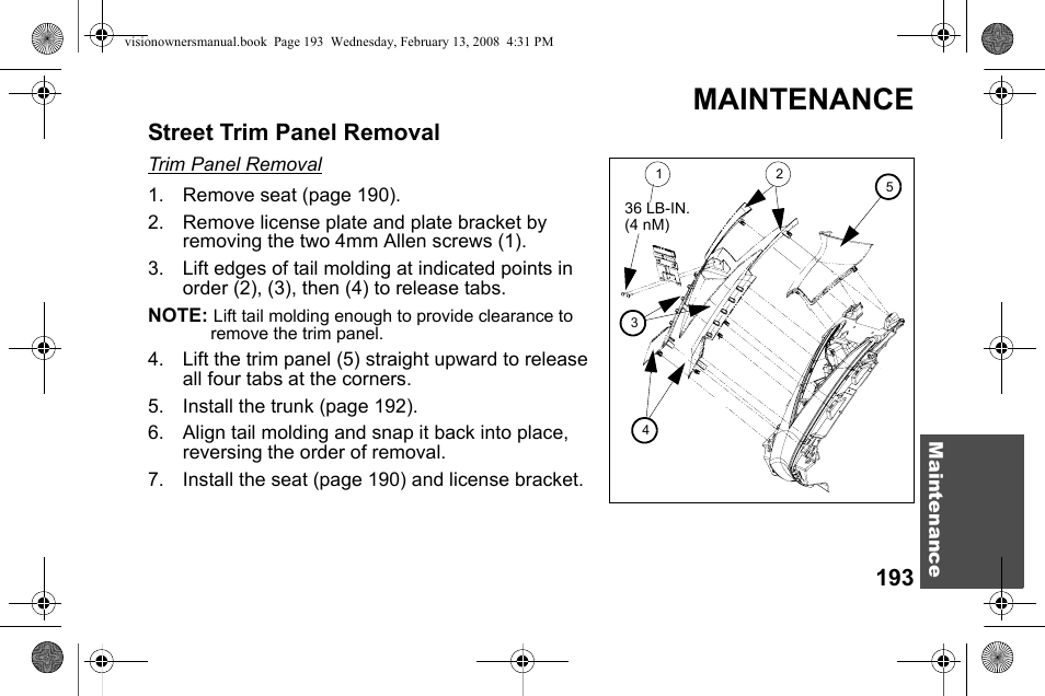 Maintenance, Street trim panel removal | Polaris 2009 Victory Victory Vision User Manual | Page 196 / 323