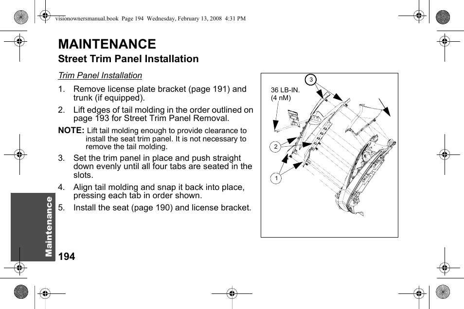 Maintenance, Street trim panel installation | Polaris 2009 Victory Victory Vision User Manual | Page 197 / 323