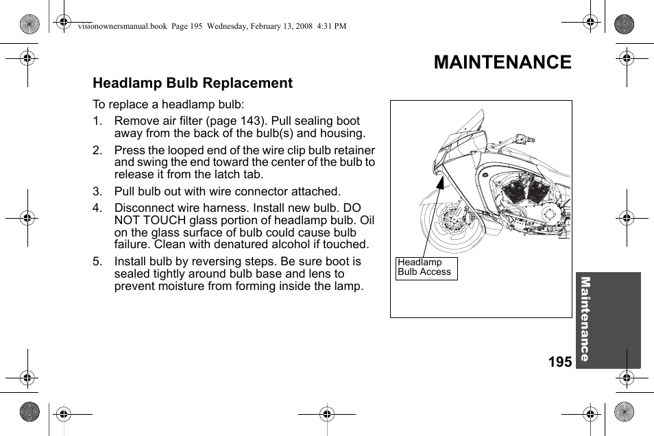 Maintenance, Headlamp bulb replacement | Polaris 2009 Victory Victory Vision User Manual | Page 198 / 323