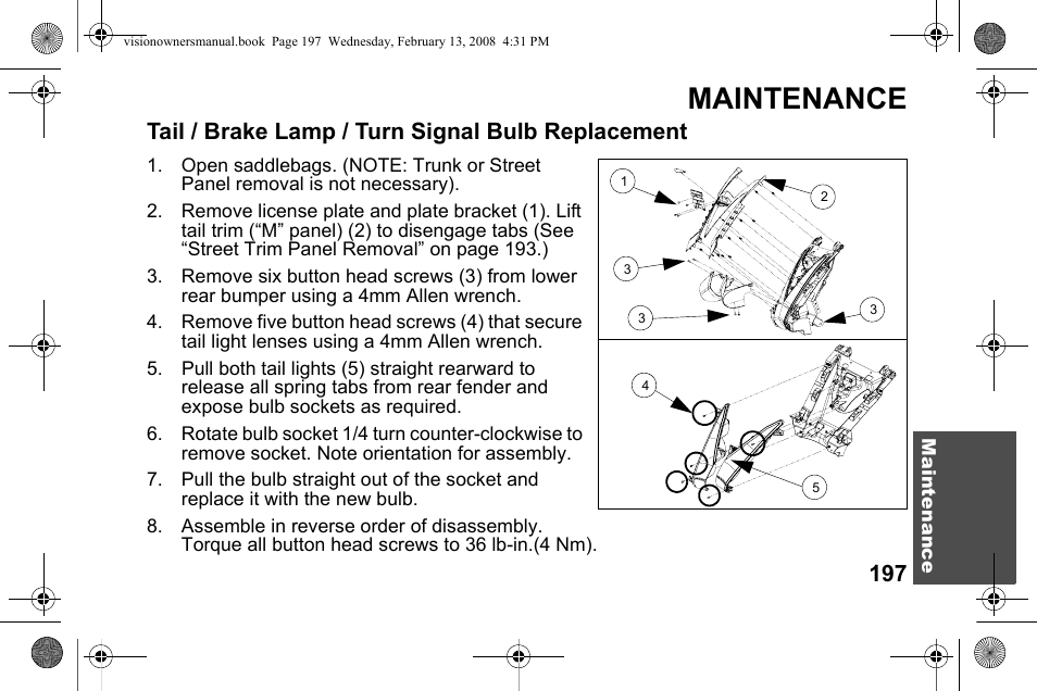 Maintenance, Tail / brake lamp / turn signal bulb replacement | Polaris 2009 Victory Victory Vision User Manual | Page 200 / 323