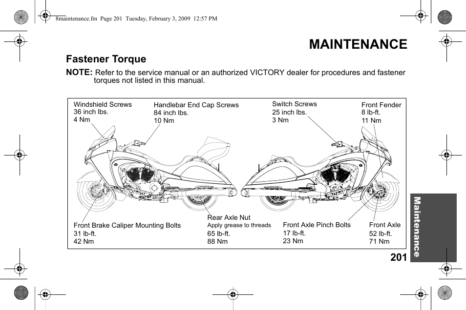 Maintenance, Fastener torque | Polaris 2009 Victory Victory Vision User Manual | Page 204 / 323