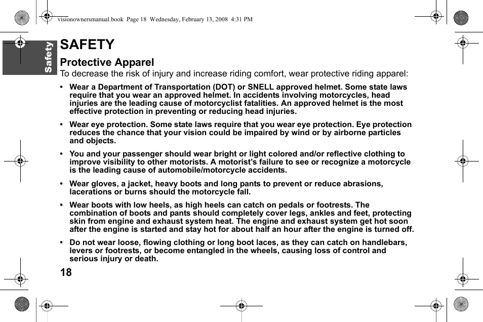 Safety, Protective apparel | Polaris 2009 Victory Victory Vision User Manual | Page 21 / 323