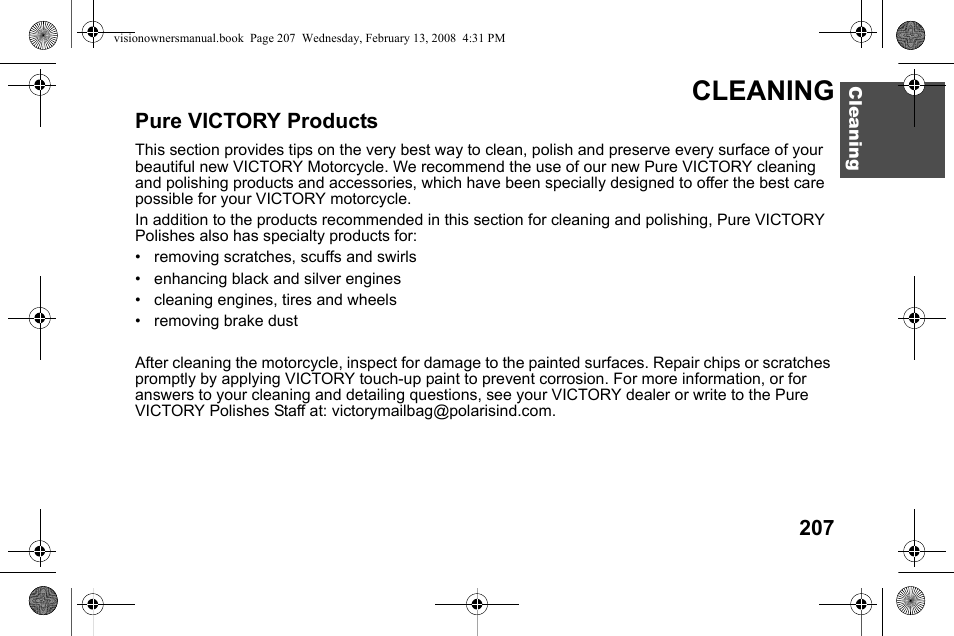 Cleaning, Pure victory products | Polaris 2009 Victory Victory Vision User Manual | Page 210 / 323