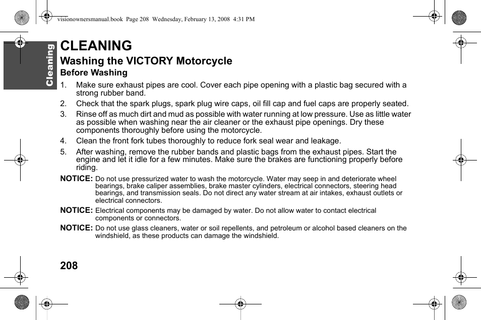 Cleaning, Washing the victory motorcycle | Polaris 2009 Victory Victory Vision User Manual | Page 211 / 323