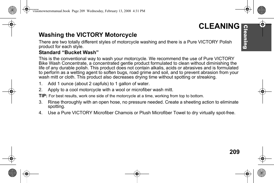 Cleaning, Washing the victory motorcycle | Polaris 2009 Victory Victory Vision User Manual | Page 212 / 323