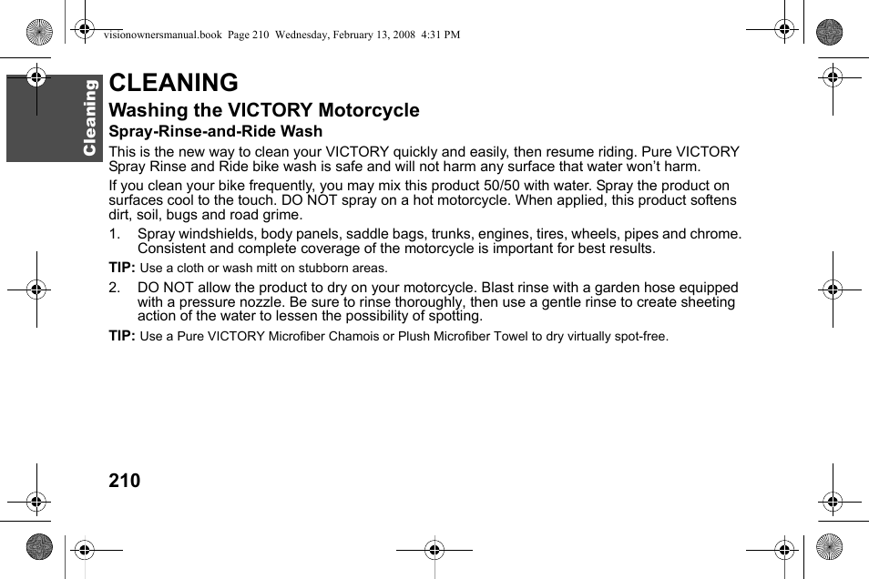 Cleaning, Washing the victory motorcycle | Polaris 2009 Victory Victory Vision User Manual | Page 213 / 323