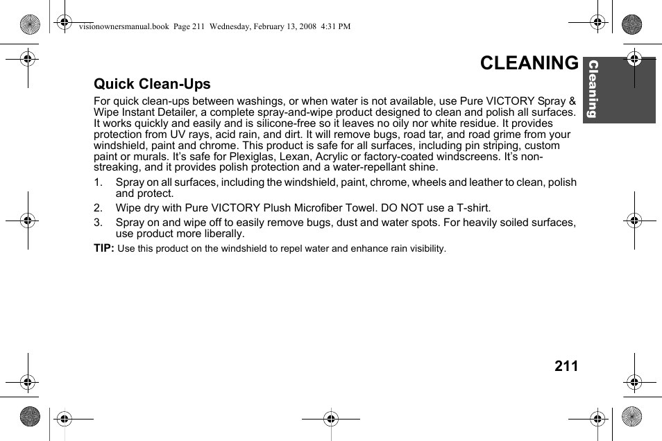 Cleaning, Quick clean-ups | Polaris 2009 Victory Victory Vision User Manual | Page 214 / 323