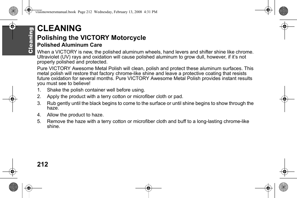 Cleaning, Polishing the victory motorcycle | Polaris 2009 Victory Victory Vision User Manual | Page 215 / 323