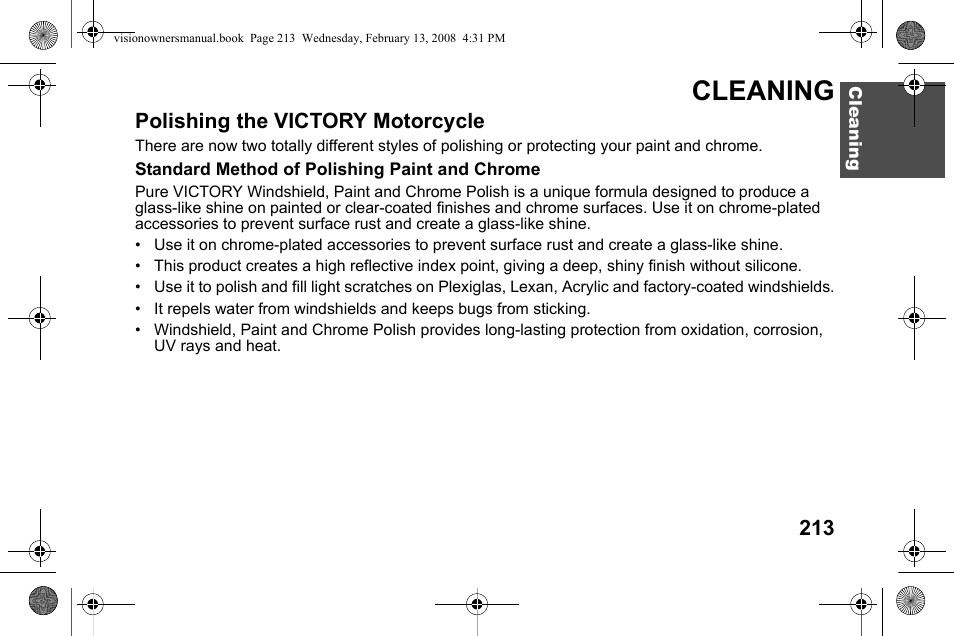 Cleaning | Polaris 2009 Victory Victory Vision User Manual | Page 216 / 323