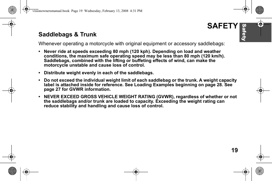 Safety, Saddlebags & trunk | Polaris 2009 Victory Victory Vision User Manual | Page 22 / 323