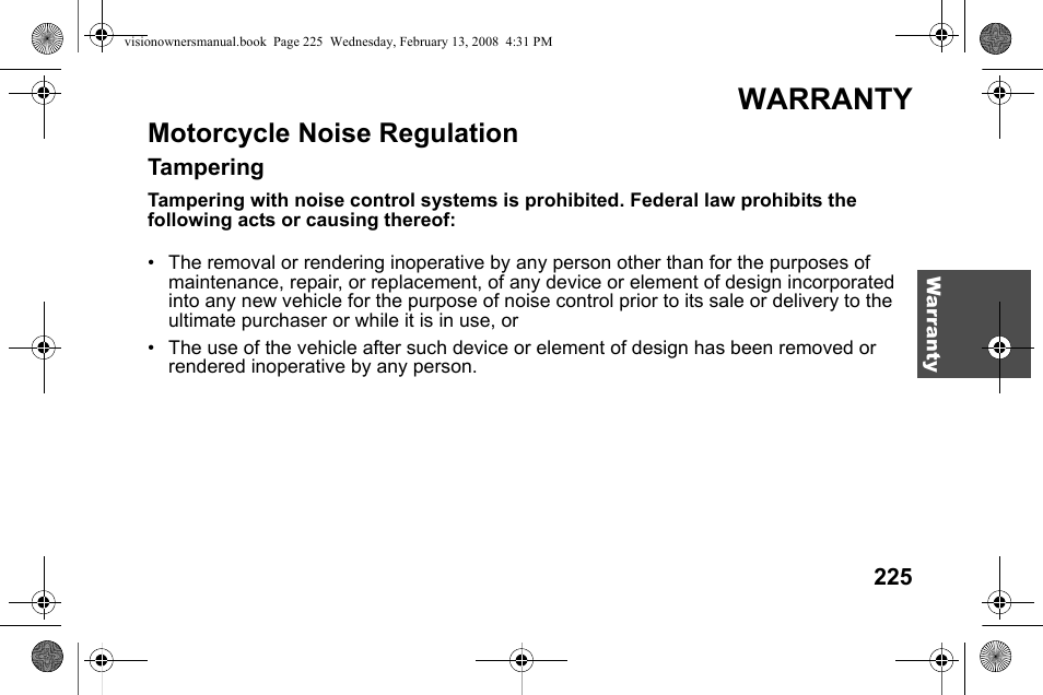 Warranty, Motorcycle noise regulation | Polaris 2009 Victory Victory Vision User Manual | Page 228 / 323