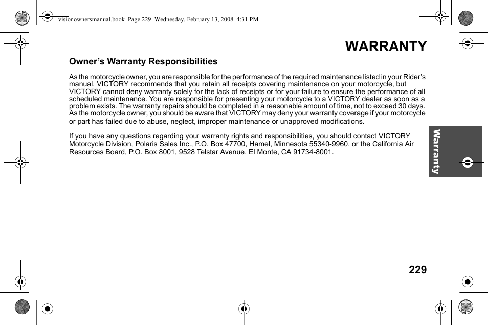 Warranty | Polaris 2009 Victory Victory Vision User Manual | Page 232 / 323