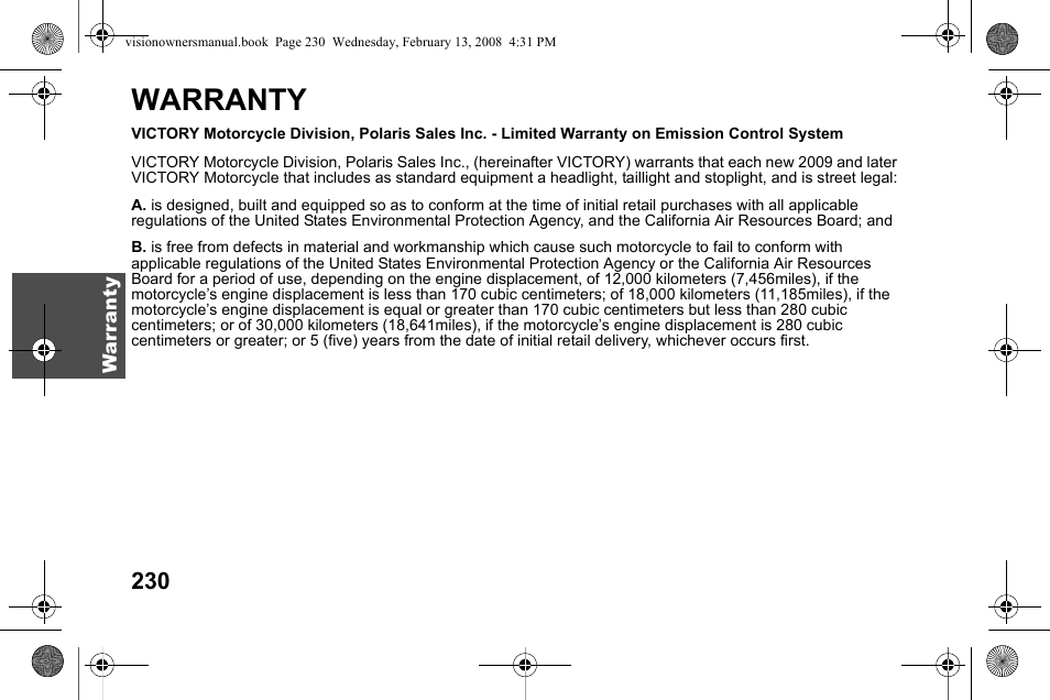 Warranty | Polaris 2009 Victory Victory Vision User Manual | Page 233 / 323