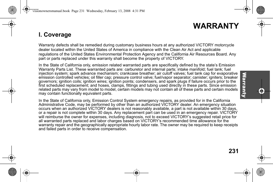 Warranty, L. coverage | Polaris 2009 Victory Victory Vision User Manual | Page 234 / 323