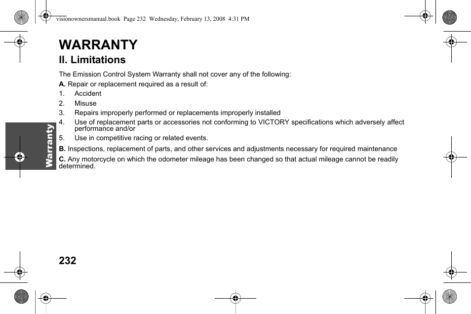 Warranty, Ll. limitations | Polaris 2009 Victory Victory Vision User Manual | Page 235 / 323