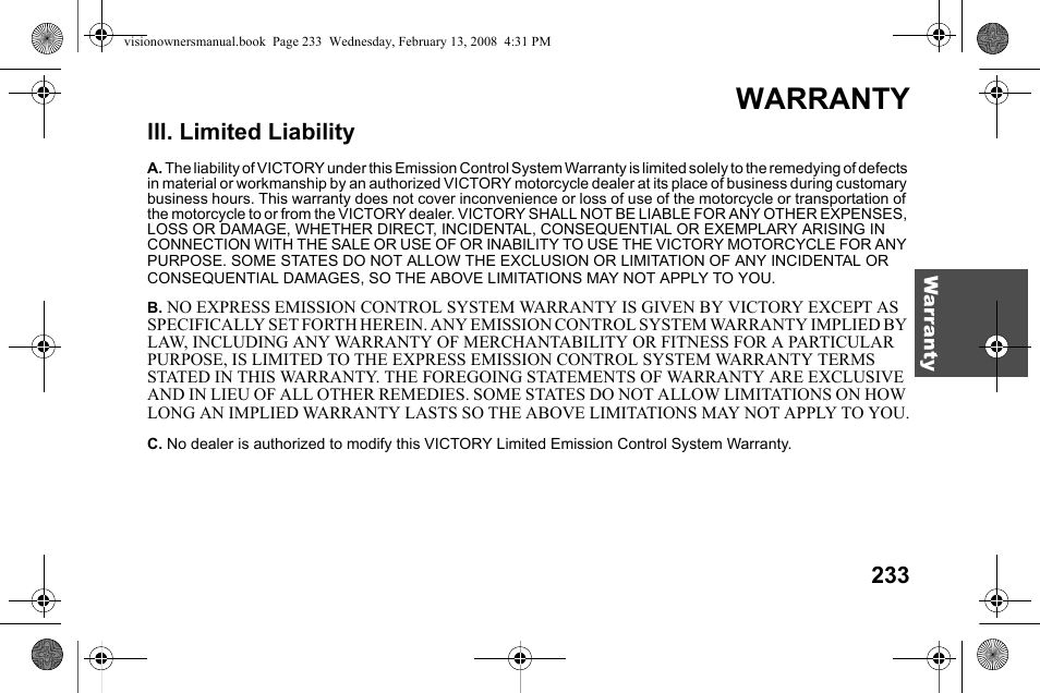 Warranty, Lll. limited liability | Polaris 2009 Victory Victory Vision User Manual | Page 236 / 323