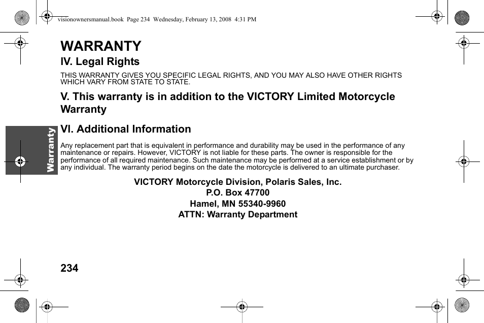 Warranty, Lv. legal rights | Polaris 2009 Victory Victory Vision User Manual | Page 237 / 323
