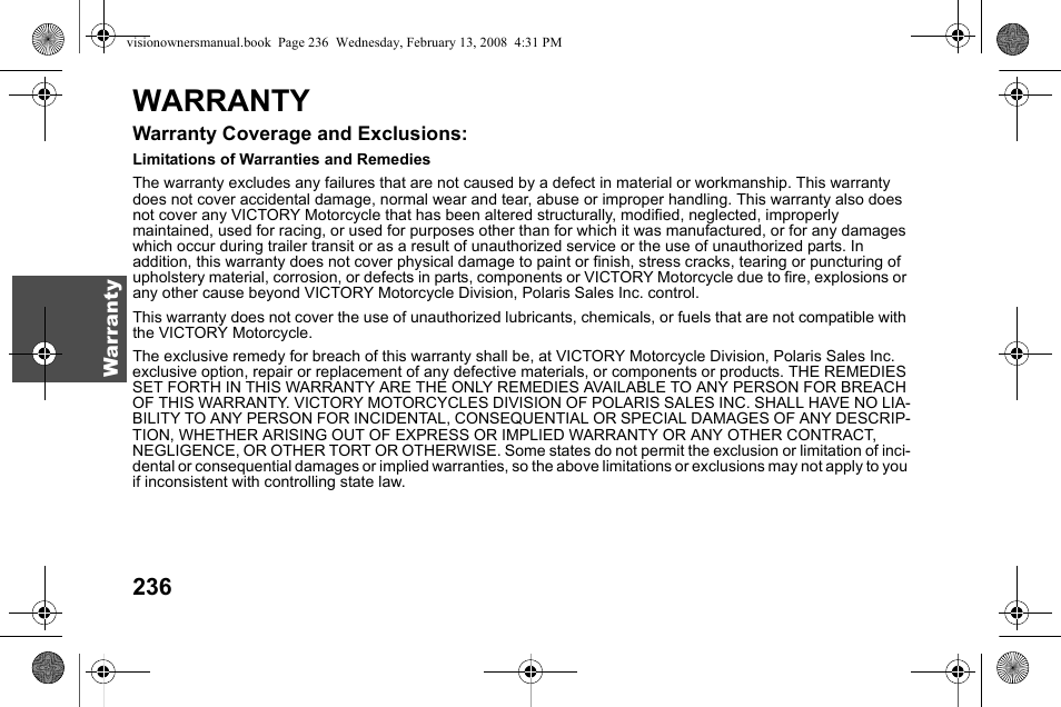 Warranty | Polaris 2009 Victory Victory Vision User Manual | Page 239 / 323