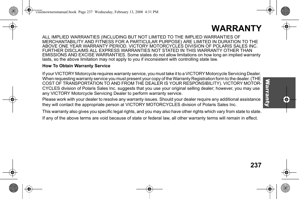 Warranty | Polaris 2009 Victory Victory Vision User Manual | Page 240 / 323