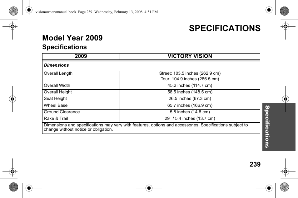 Specifications, Model year 2009 | Polaris 2009 Victory Victory Vision User Manual | Page 242 / 323