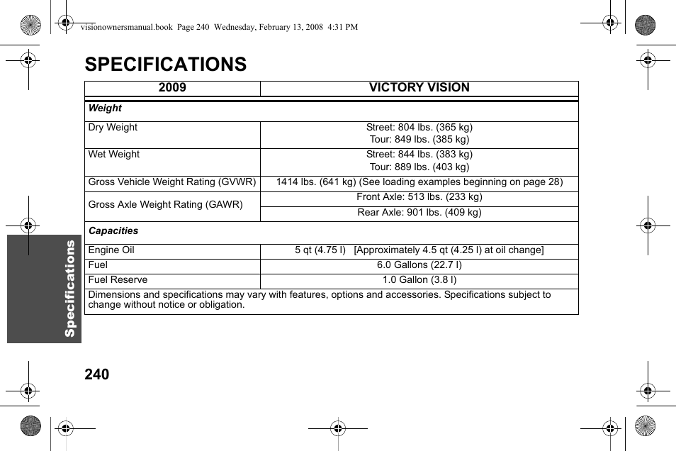 Specifications | Polaris 2009 Victory Victory Vision User Manual | Page 243 / 323