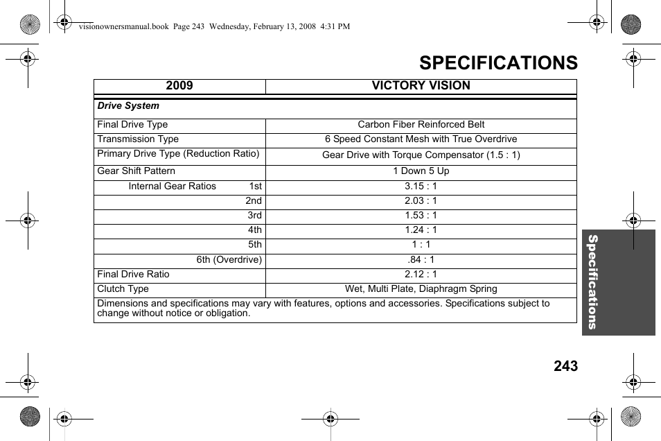 Specifications | Polaris 2009 Victory Victory Vision User Manual | Page 246 / 323