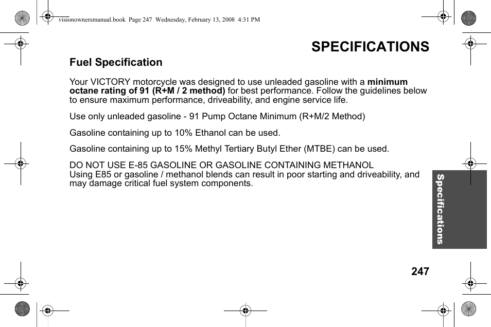 Specifications | Polaris 2009 Victory Victory Vision User Manual | Page 250 / 323