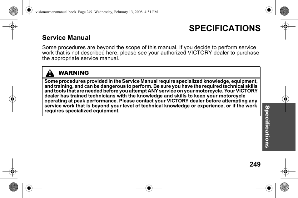 Specifications, Service manual | Polaris 2009 Victory Victory Vision User Manual | Page 252 / 323