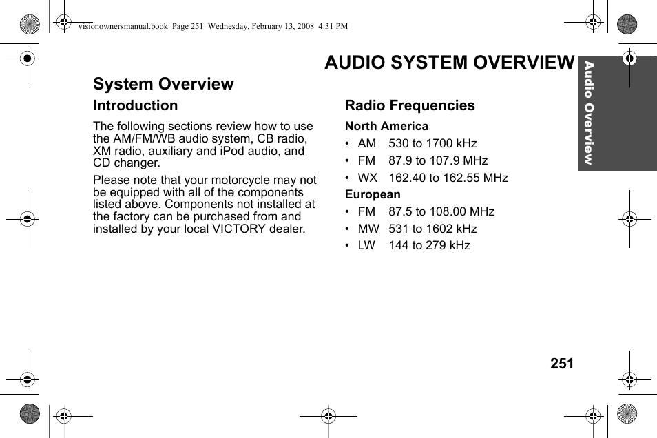 Audio system overview, System overview | Polaris 2009 Victory Victory Vision User Manual | Page 254 / 323