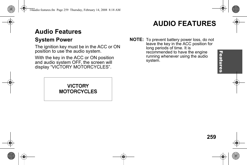 Audio features | Polaris 2009 Victory Victory Vision User Manual | Page 262 / 323