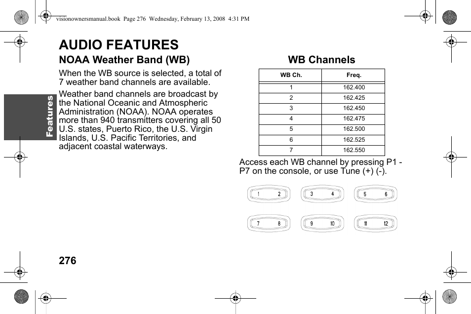 Audio features, Noaa weather band (wb), Wb channels | Polaris 2009 Victory Victory Vision User Manual | Page 279 / 323