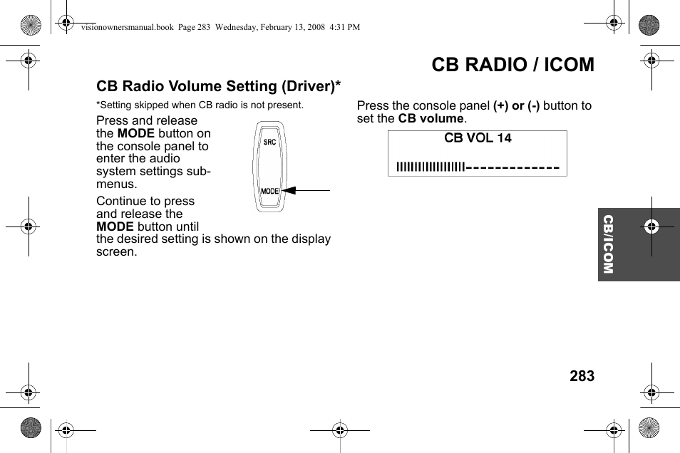 Cb radio / icom, Cb radio volume setting (driver) | Polaris 2009 Victory Victory Vision User Manual | Page 286 / 323