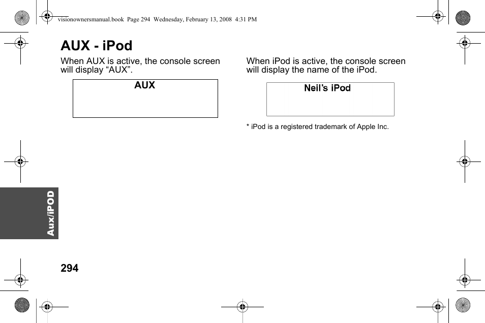 Aux - ipod | Polaris 2009 Victory Victory Vision User Manual | Page 297 / 323