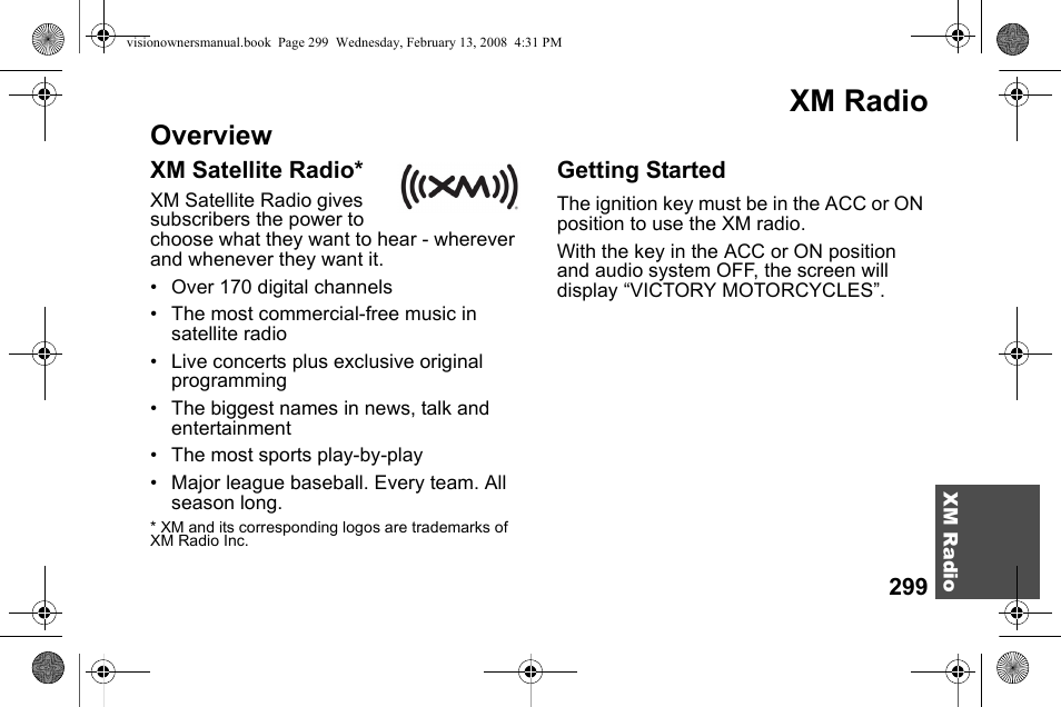 Xm radio, Overview | Polaris 2009 Victory Victory Vision User Manual | Page 302 / 323