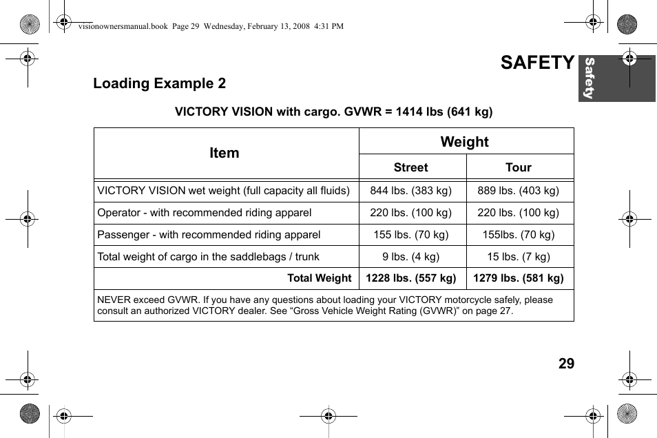 Safety, Loading example 2, Item weight | Polaris 2009 Victory Victory Vision User Manual | Page 32 / 323