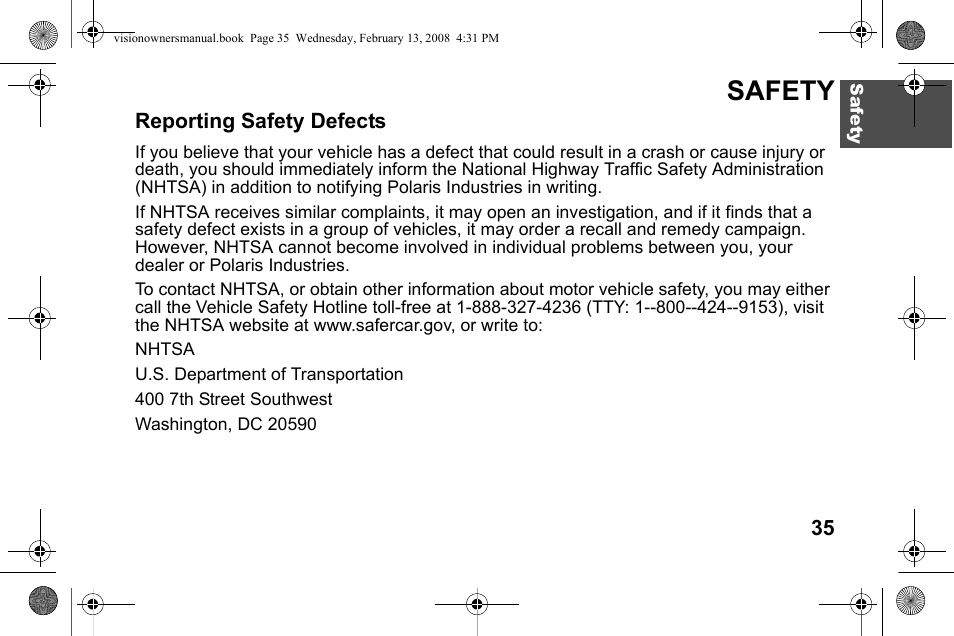 Safety | Polaris 2009 Victory Victory Vision User Manual | Page 38 / 323