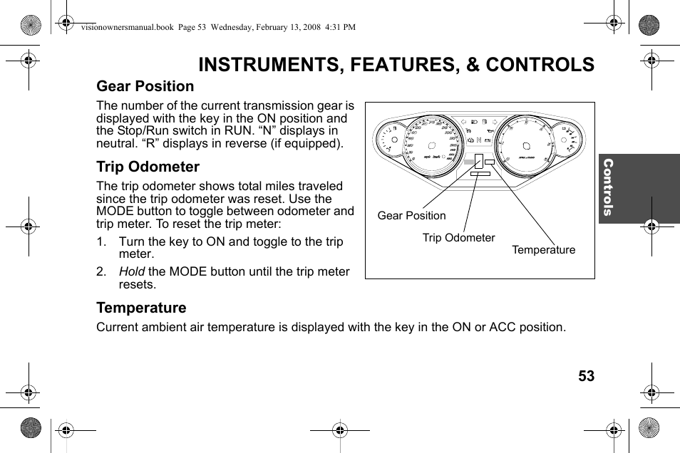 Instruments, features, & controls | Polaris 2009 Victory Victory Vision User Manual | Page 56 / 323