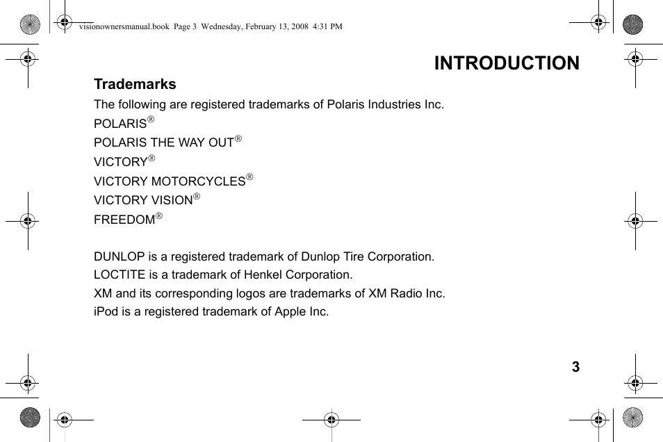 Introduction, Trademarks | Polaris 2009 Victory Victory Vision User Manual | Page 6 / 323