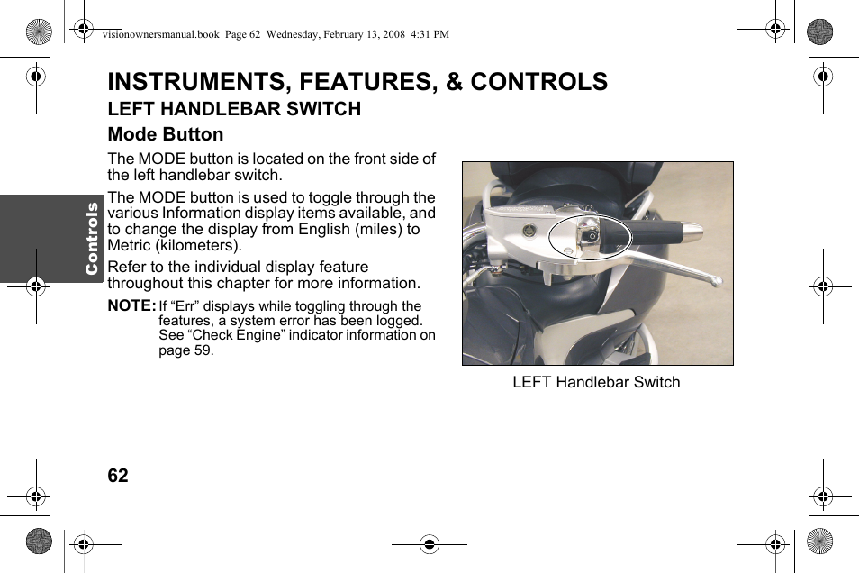 Instruments, features, & controls, Left handlebar switch mode button | Polaris 2009 Victory Victory Vision User Manual | Page 65 / 323