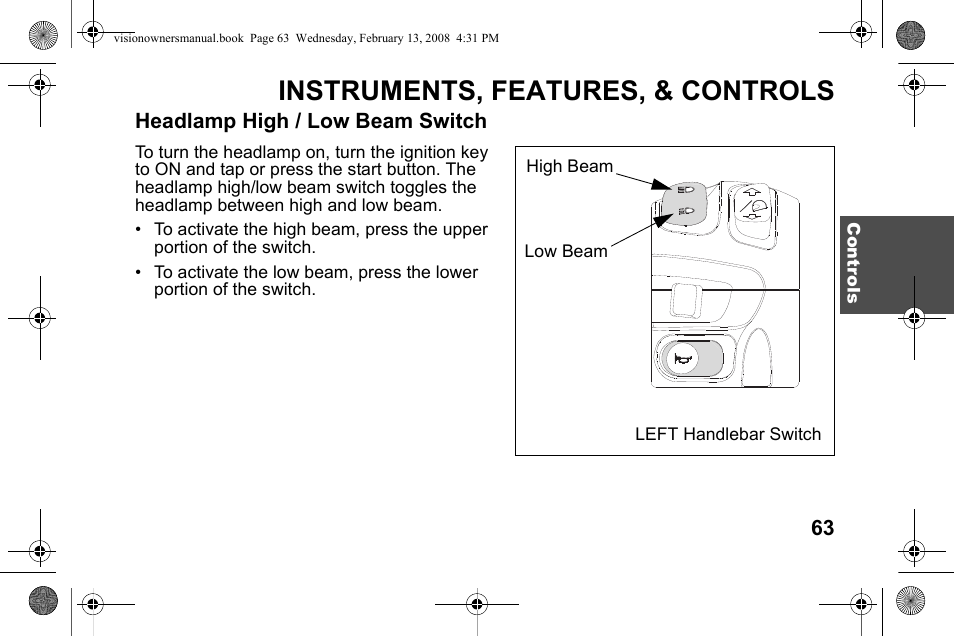 Instruments, features, & controls | Polaris 2009 Victory Victory Vision User Manual | Page 66 / 323