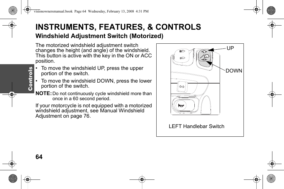 Instruments, features, & controls, Windshield adjustment switch (motorized) | Polaris 2009 Victory Victory Vision User Manual | Page 67 / 323