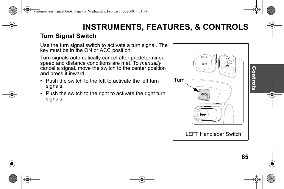 Instruments, features, & controls | Polaris 2009 Victory Victory Vision User Manual | Page 68 / 323