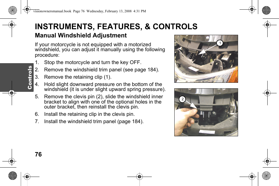 Instruments, features, & controls, Manual windshield adjustment | Polaris 2009 Victory Victory Vision User Manual | Page 79 / 323